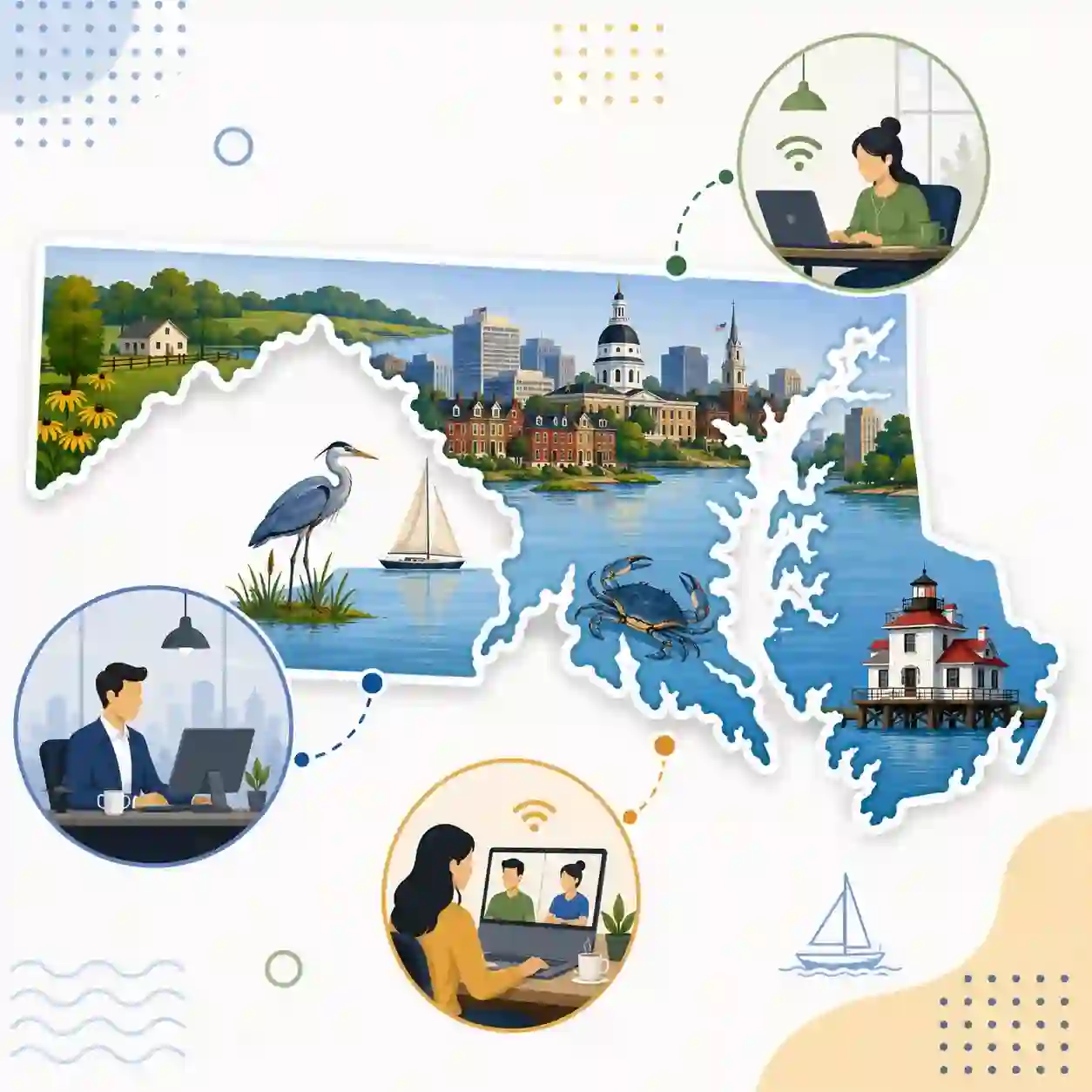 Maryland state map with icons for mobile, office, remote team and call center connected to a central phone pin